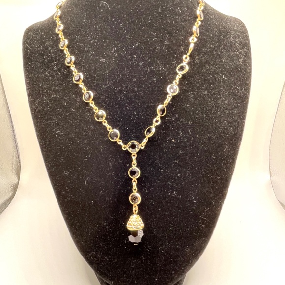 Swarovski Signed Vintage Black Crystal Y Necklace Gold Tone 80's - Picture 1 of 10